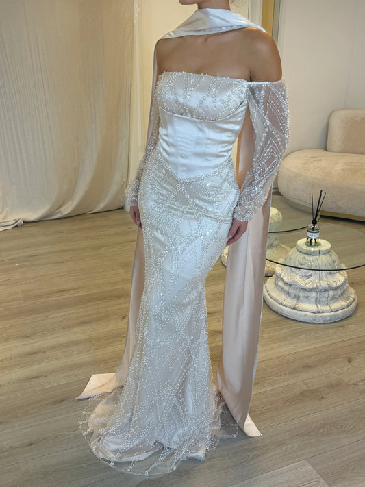 Off the Shoulder Sequins Lace Long Sleeve Mermaid Shawl Floor-Length Evening Dress