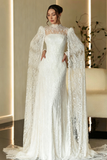 High Neck Long Sleeve Lace Bridal Gown with Cape