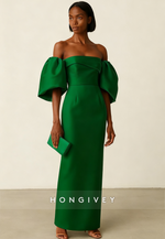 Off the Shoulder Satin Half Sleeves Column Ankle-Length Evening Gown