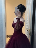 Bright Red Lace Long Sleeve Tulle A-Line Floor-Lenght Evening Dress