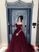Bright Red Lace Long Sleeve Tulle A-Line Floor-Lenght Evening Dress