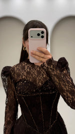 High Neck Lace Long Sleeve A-Line Floor-Length Evening Dress Sparkle