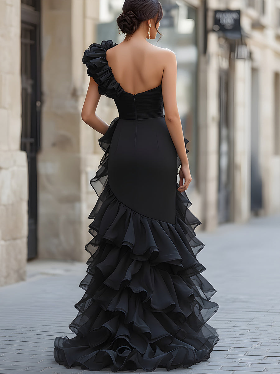 Black One-Shoulder Ruffled Evening Gown With Front Slit