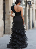 Black One-Shoulder Ruffled Evening Gown With Front Slit