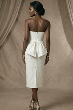 Minimalistic Beaded Strapless Bow Accented Back Wedding Dresses With Back Slit