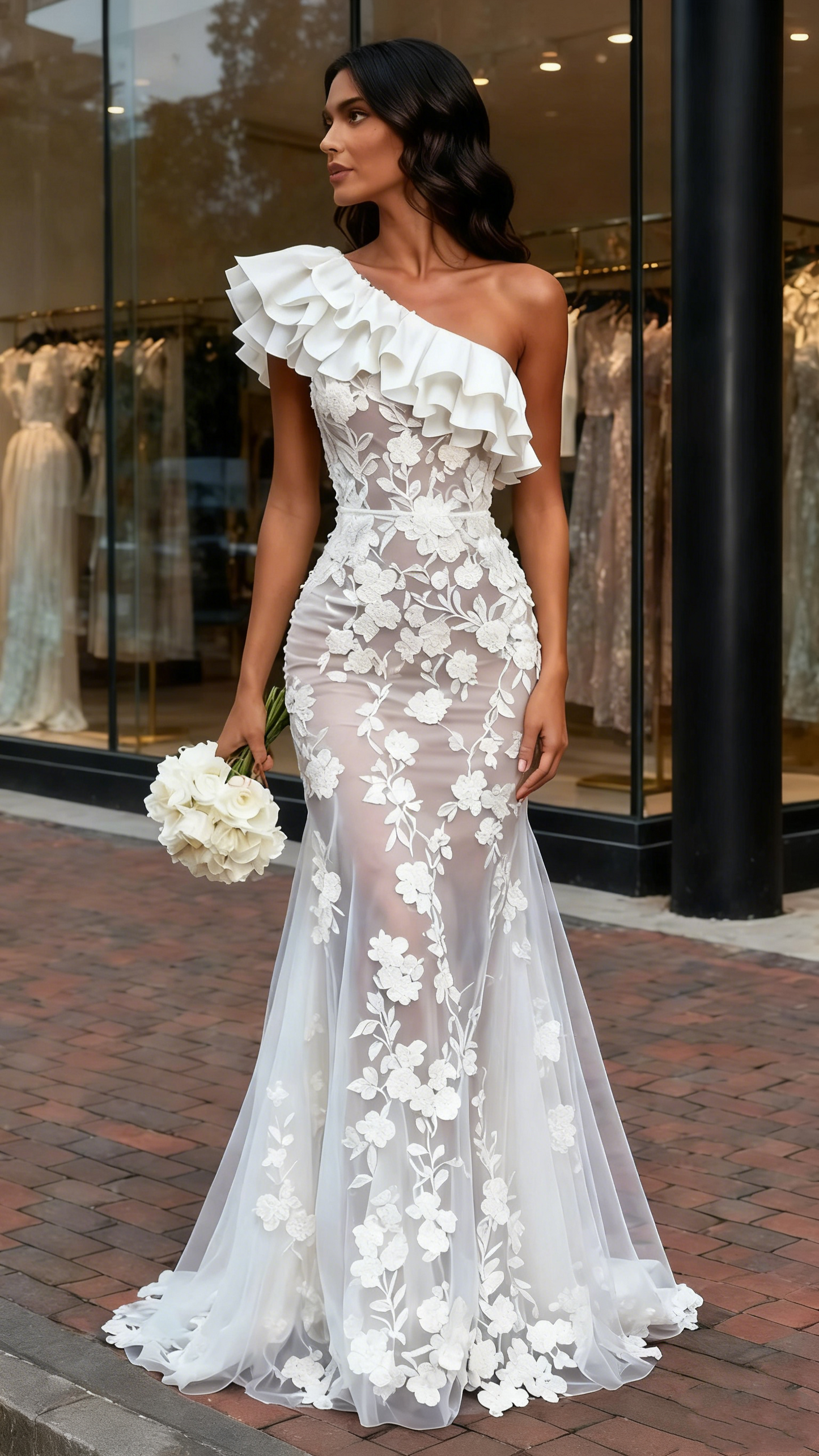 Trumpet Tulle Ruffles One Shoulder Appliques Wedding Dress