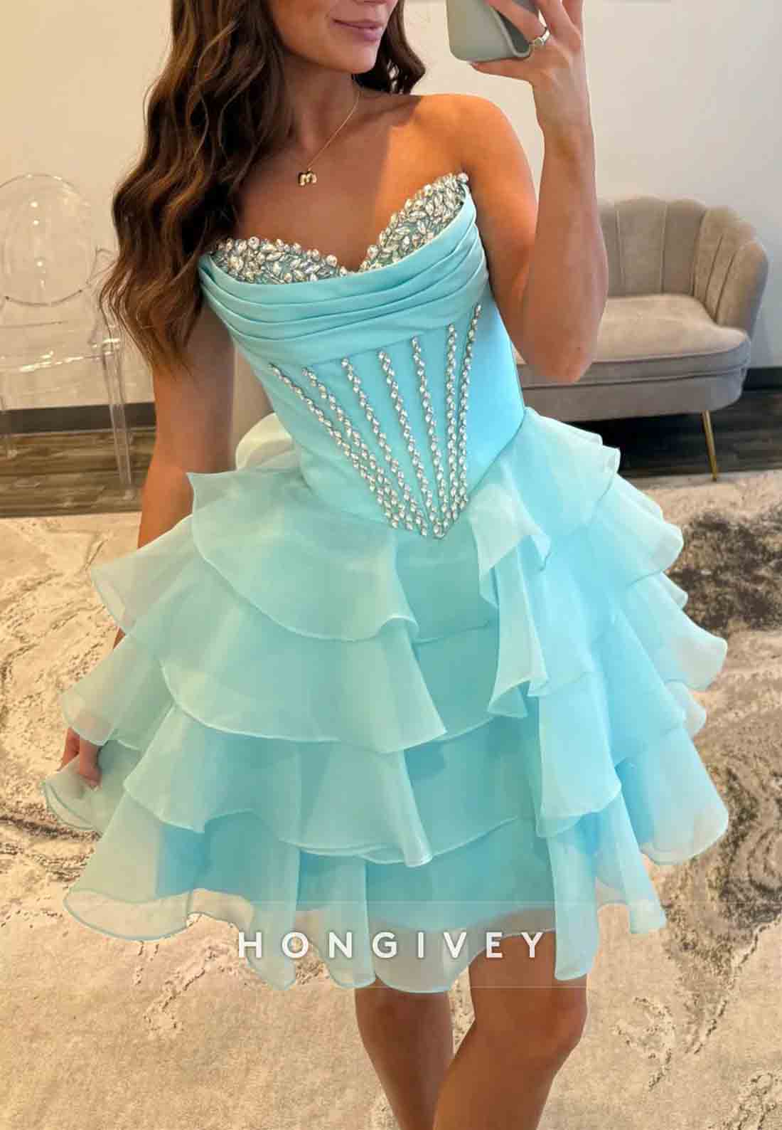 Pretty A Line Strapless Blue Corset Short Homecoming Dress with Beading Ruffles