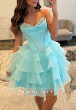 Pretty A Line Strapless Blue Corset Short Homecoming Dress with Beading Ruffles