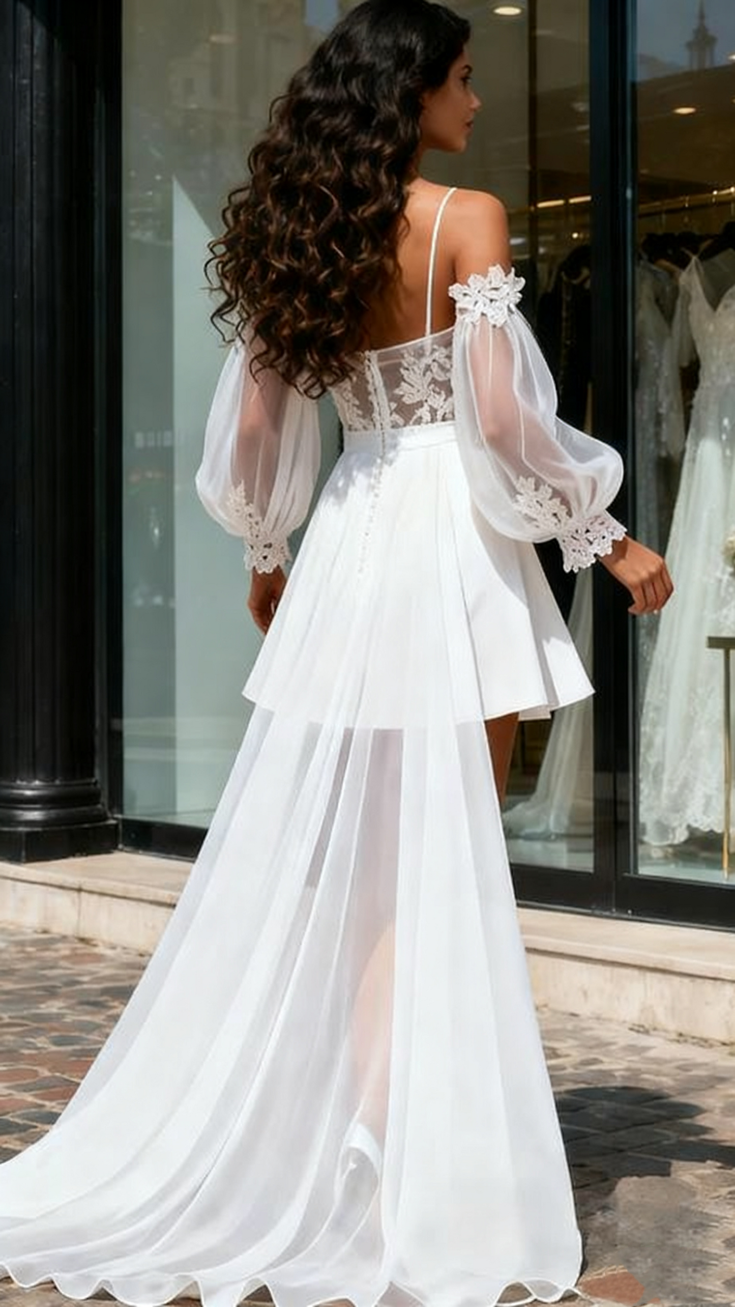 Tulle Long Sleeves High Low Spaghetti Straps Wedding Dress