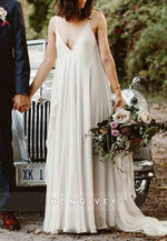 Low V-Neck Spaghetti Straps Court Train A-Line Backless Wedding Dresses
