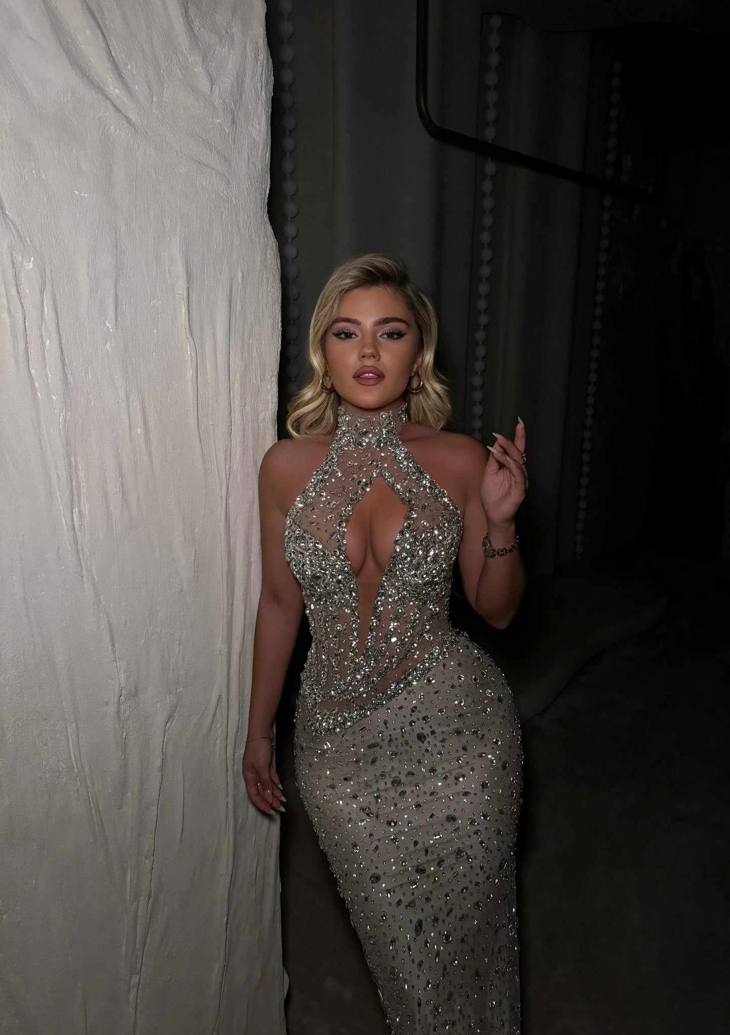 Halter High Neck Sleeveless Beaded Sequins Sparkle Cut Outs Mermaid Prom Dress