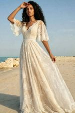 A-Line Lace V-Neck Sweep Train Wedding Dress WIth Lace