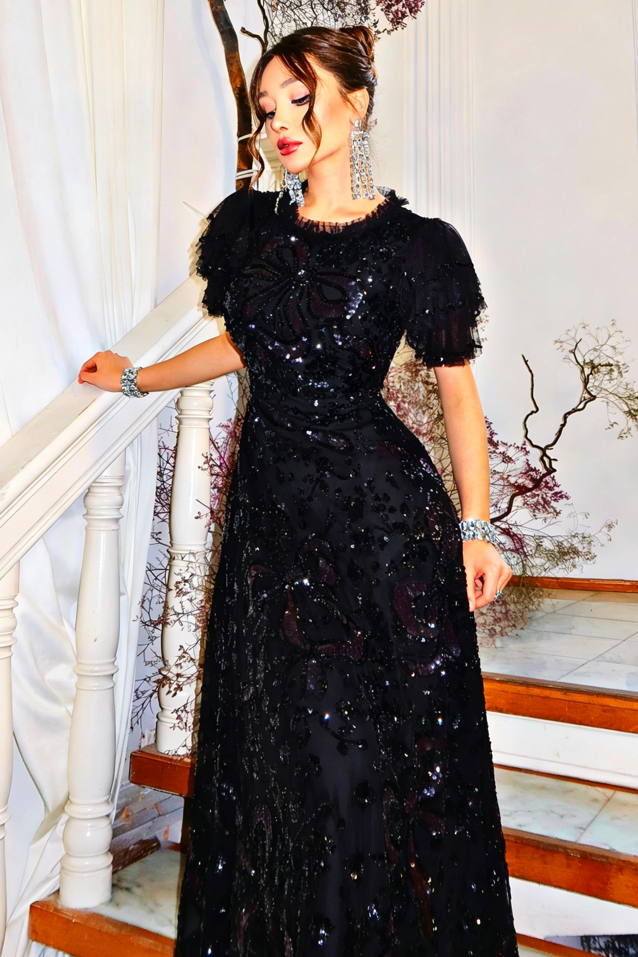 Flutter Sleeve Sequin Bow Tulle Evening Dress