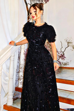 Flutter Sleeve Sequin Bow Tulle Evening Dress
