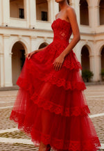 Red Strapless Sleeveless Tulle A-Line Tassel Floor-Length Prom Dress