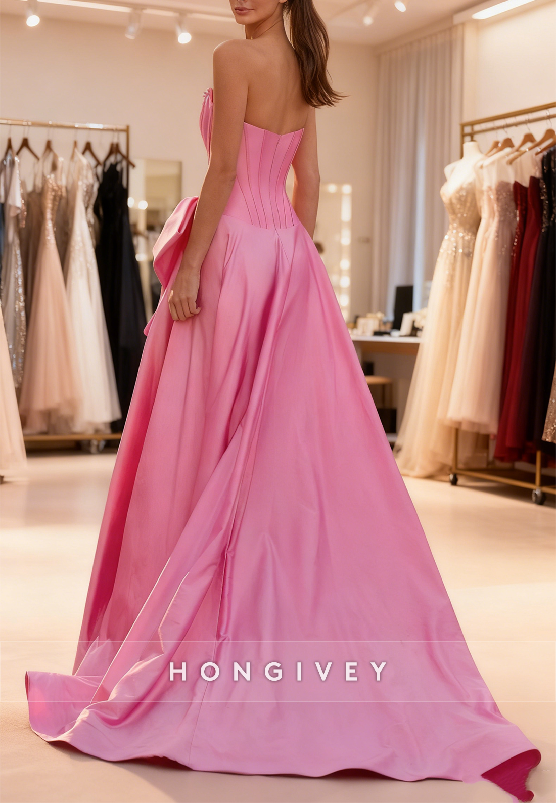 Bow A-Line Slit Beaded Prom Dress