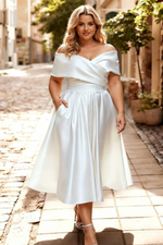 Minimalistic Ruched Off-The-Shoulder White Wedding Dress With Pockets