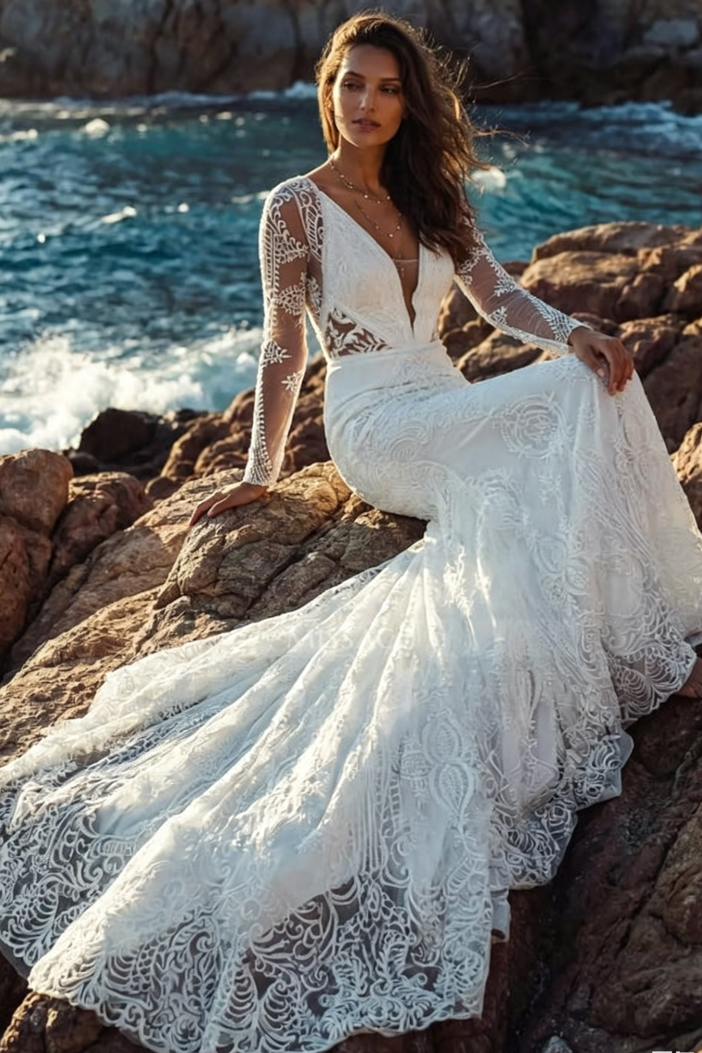 Boho/Beach Illusion Neck Long Sleeves Sweep Train Lace Wedding Dresses