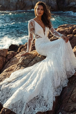 Boho/Beach Illusion Neck Long Sleeves Sweep Train Lace Wedding Dresses