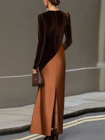 Chocolate Satin Color-Block Maxi Dress