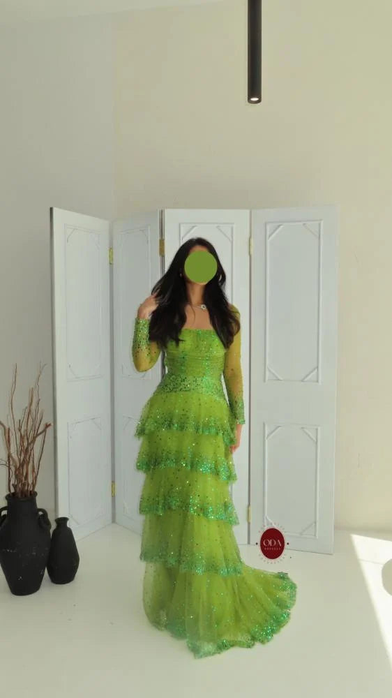 Sequins Sparkle Green Square Neck Long Sleeve A-Line Tassel Evening Dress
