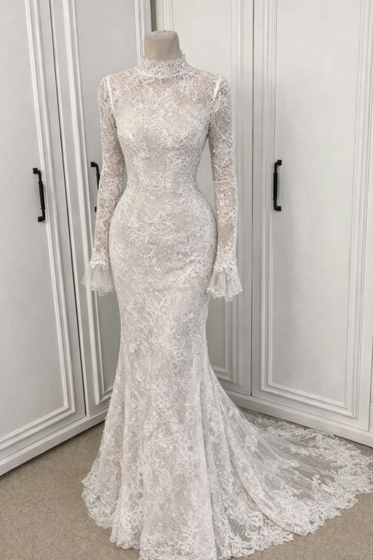 Lace High Neck Long Sleeve Mermaid Floor-Length Wedding Dress