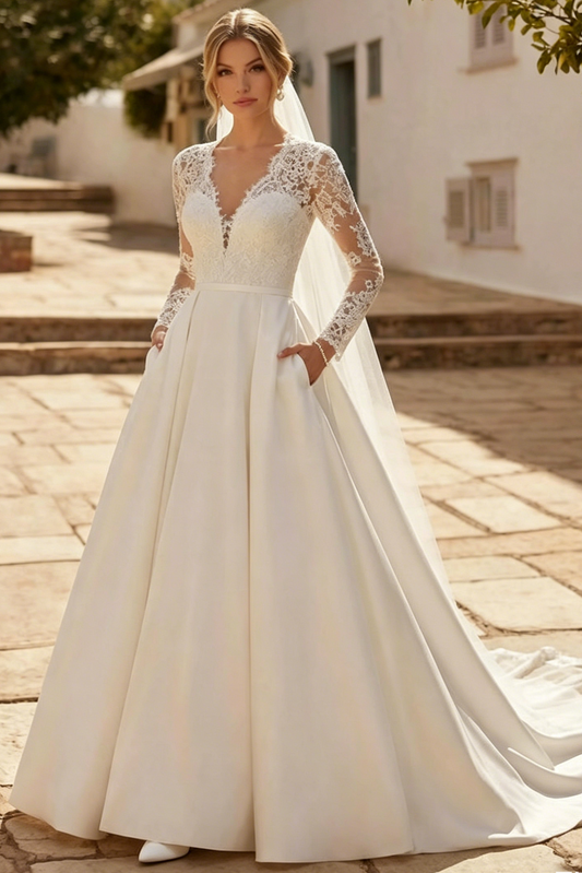 A-Line V-Neck Long Sleeves Satin Wedding Dresses With Pockets