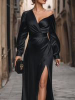 Sleek Black Satin One-Shoulder Maxi Dress
