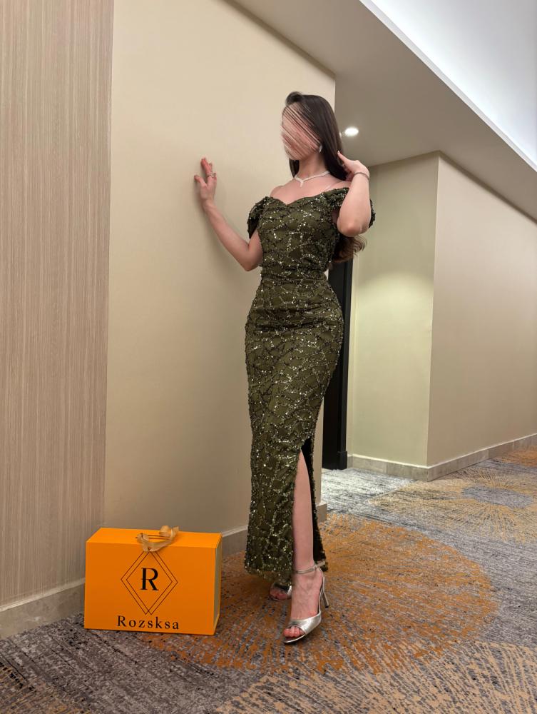 Green Sequins Sparkle Off the Shoulder Sleeveless Mermaid Side Evening Dress Ankle-Length