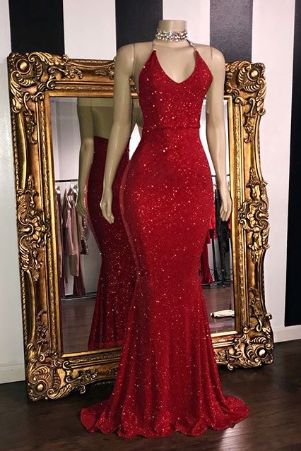 Hidais Glamorous Halter Neck Mermaid Sleeveless Red Long Prom Dress With Sequins