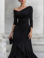 One-Shoulder Ruched Asymmetric Ruffle Hem Midi Dress