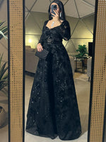 Black Square Neck Beaded Sequins Sparkle Long Sleeve A-Line Evening Dress