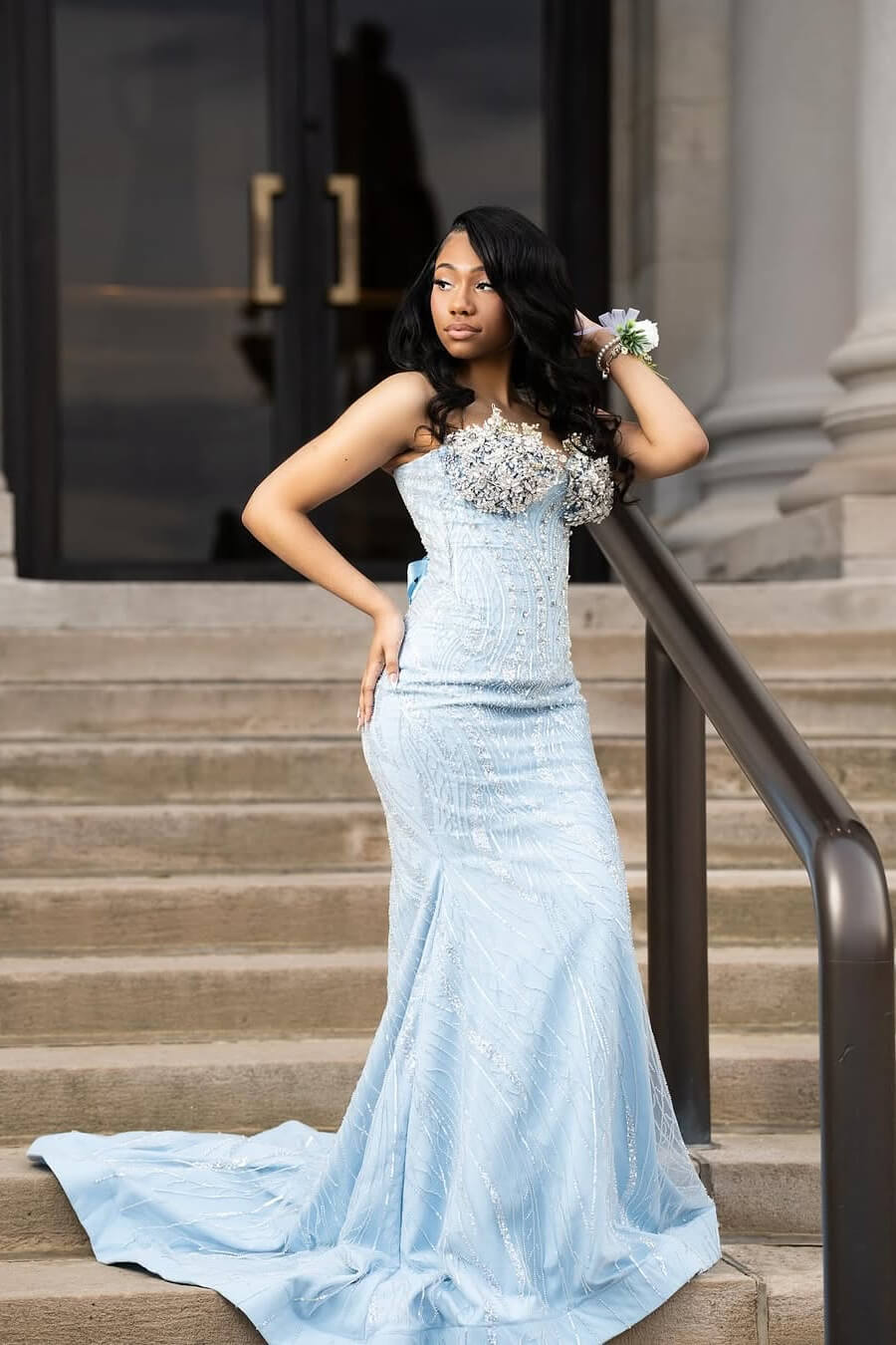 Baby Blue Sweetheart Mermaid Prom Dress Long With Beadings Lace-up Back