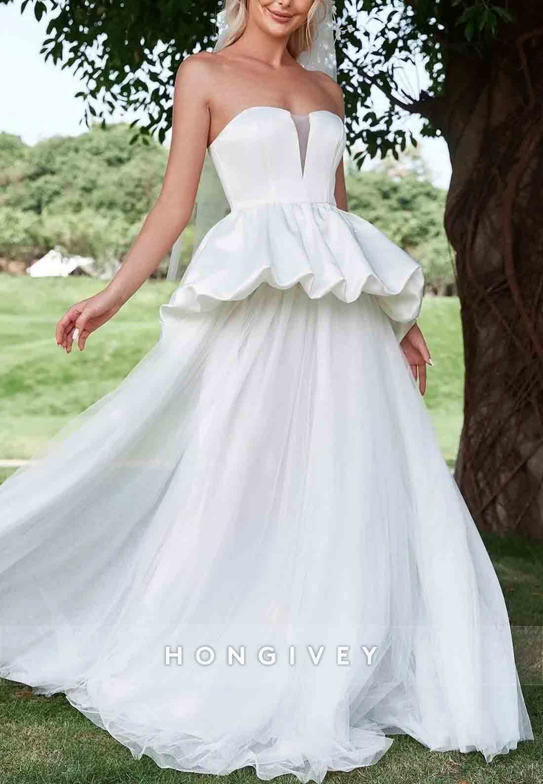 Ruffle Trim Strapless A-Line Tulle Mesh Overlay Satin Tube Wedding Dress