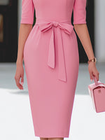 Pink Square-Neck Belted Midi Sheath Dress