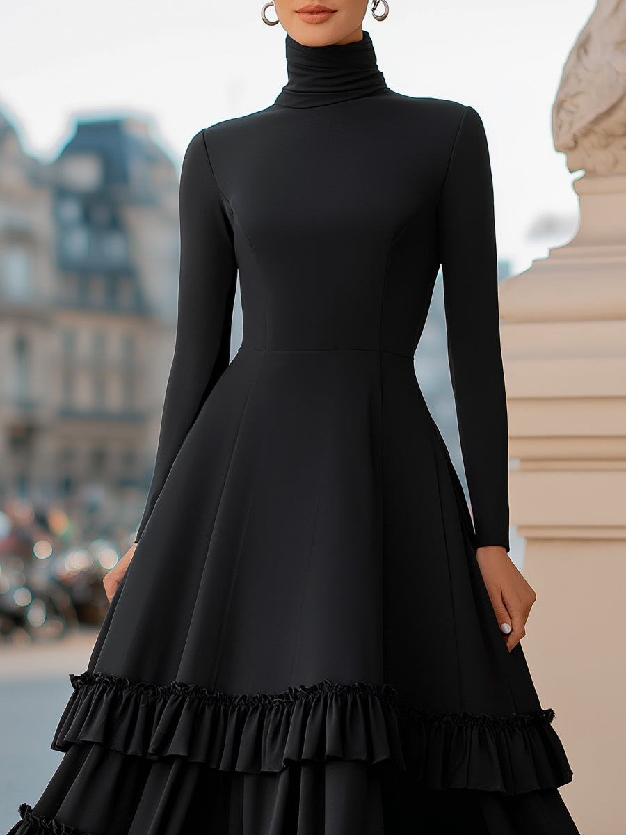 High-Neck A-Line Tiered Ruffle Midi Evening Dress