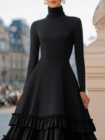 High-Neck A-Line Tiered Ruffle Midi Evening Dress