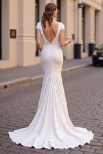 V-Neck Cap Sleeves Satin Mermaid Wedding Dress Lace With Open Back
