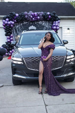 Modern Grape Sweetheart One Shoulder Prom Dress Split Long With Beadings