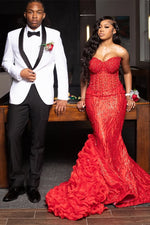 Red Sweetheart Sleeveless Mermaid Prom Dress With Sequins Beadings Ruffles