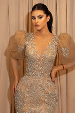 Puff Sleeve Long Mermaid Beaded Lace Appliques Evening Dress