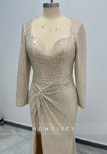 HONGIVEY Sparkle Champagne Long Sleeves Mermaid Formal Evening Dress Prom Gown