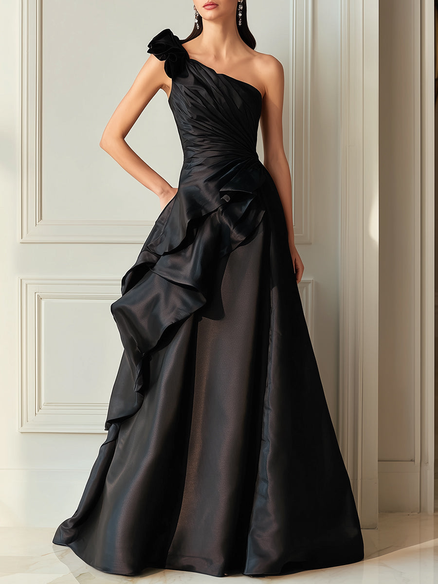 Black One-Shoulder Sculpted Ruffle Evening Dress