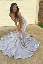 Silver Scoop Sleeveless Mermaid Prom Dresses With Beadings Long On Sale
