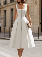 Square Neck Zip-Front Fit-and-Flare Midi Dress