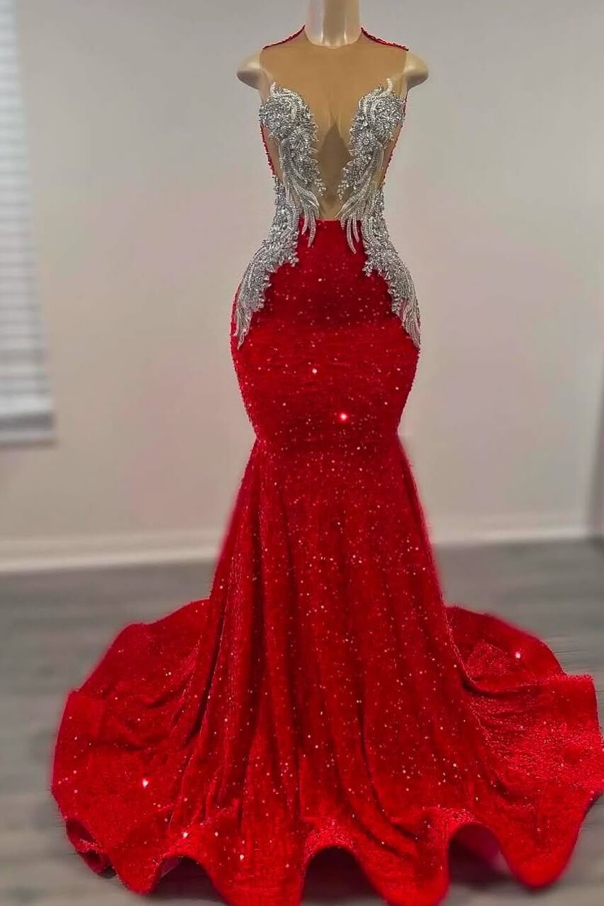 Red Scoop Sleeveless Prom Dresses Mermaid Sequins With Beadings