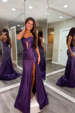 Gorgeous Mermaid Sweetheart Keyhole Neck Purple Satin Prom Dress with Hot Stone