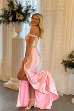 Charming Mermaid Off the Shoulder Blush Satin Prom Dress with Appliques