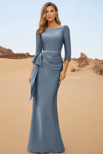 Evening Dress Satin Blue Crew Neck 3/4 Sleeve Mermaid Maxi Dress