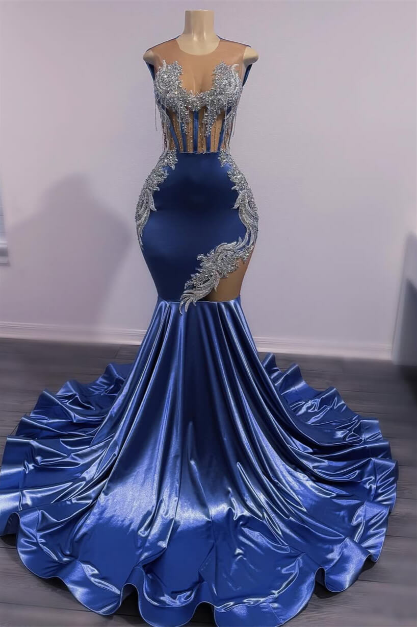 Dusty Blue Sleeveless Scoop Prom Dresses Mermaid Long With Beadings